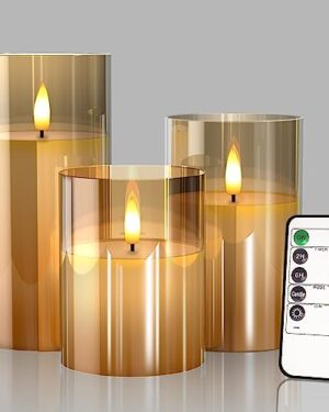 Tyawon Glass Battery Operated LED Flameless Candles with Remote and Timer, Real Wax Candles Warm Color Flickering Light for Festival Wedding Home Party Decor(Pack of 3)-Gold