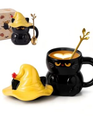 Umcnoi Cat Ceramic Coffee Mug, 15oz Cute Cat Mugs For Cat Lovers (Black)