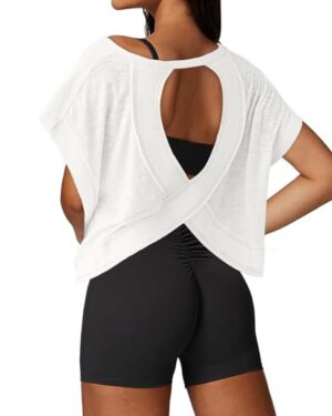 UNIANKIYA Open Back Workout Tops for Women Loose Fit Athletic Crop Tee Short Sleeve Gym Running Yoga Shirt White