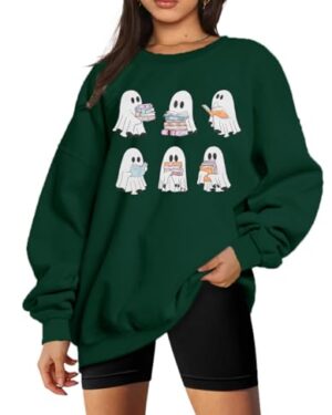 UNIQUEONE Halloween Sweatshirts for Women Ghost Reading Books Sweater Cute Spooky Bookish Shirt Fall Pullover Long Sleeve Tops Green