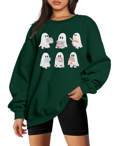 UNIQUEONE Halloween Sweatshirts for Women Ghost Reading Books Sweater Cute Spooky Bookish Shirt Fall Pullover Long Sleeve Tops Green