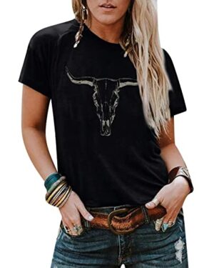 UNIQUEONE Western Cowgirl Shirts for Women Rodeo Cow Print Shirt Black