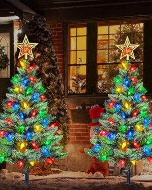 Upgraded Set of 2 Solar Christmas Tree, Outdoor Christmas Decorations,Prelit Xmas Tree w/ 100 LED Multi-color C6 String Lights for Outsdie Holiday Display Yard Front Porch Pathway Grave Cemetery Decor
