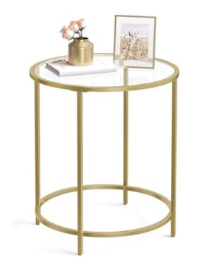 VASAGLE Round Side Table, Glass End Table with Metal Frame, Gold Coffee Table with Modern Style, for Living Room, Balcony, Bedroom, Gold Color