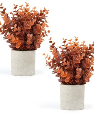 Velener 2 PCS Small Fake Eucalyptus Plant Artificial Potted Plants Indoor for Desk, Shelf, Home Decor Realistic Faux Plant for Office, Bathroom, Living Room Decoration (Fall Orange)