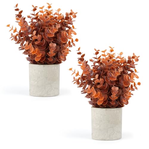 Velener 2 PCS Small Fake Eucalyptus Plant Artificial Potted Plants Indoor for Desk, Shelf, Home Decor Realistic Faux Plant for Office, Bathroom, Living Room Decoration (Fall Orange)