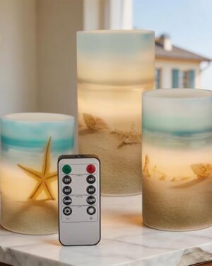 Velsyn Beach Flameless LED Candles with Remote and Timer, Seashell & Starfish Pillar Unscented Real Wax, Ocean Decor for Home Bedroom Wedding Coastal Room, 3" x 4",5",6", Set of 3(Beach)