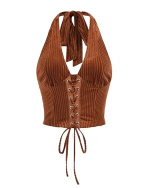 Verdusa Women's Western Halter Corset Tops Lace Up Backless Crop Top