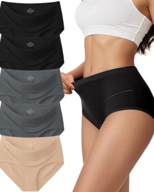 Vevmon Cotton Underwear for Women High Waisted Full Coverage Briefs Soft Ladies Panties 5 Pack (US, Alpha, Large, Regular, Regular, Black*2 + Grey*2 + Nude)