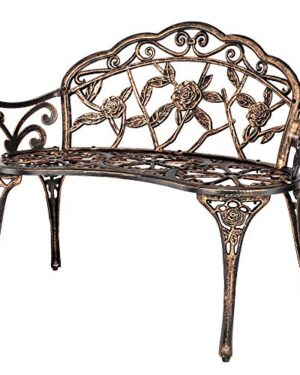 VINGLI 38.5" Patio Park Garden Outdoor Metal Rose Bench, 2-Person Cast Iron Cast Aluminium Frame Antique Finish Chair,Accented Lawn Front Porch Path Yard Decor Deck Furniture (Bronze, Rose)