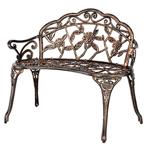 VINGLI 38.5" Patio Park Garden Outdoor Metal Rose Bench, 2-Person Cast Iron Cast Aluminium Frame Antique Finish Chair,Accented Lawn Front Porch Path Yard Decor Deck Furniture (Bronze, Rose)