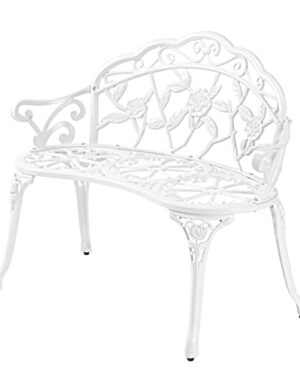 VINGLI 38.5" Patio Park Garden Outdoor Metal Rose Bench, 2-Person Cast Iron Cast Aluminium Frame Antique Finish Chair,Accented Lawn Front Porch Path Yard Decor Deck Furniture (White, Rose)