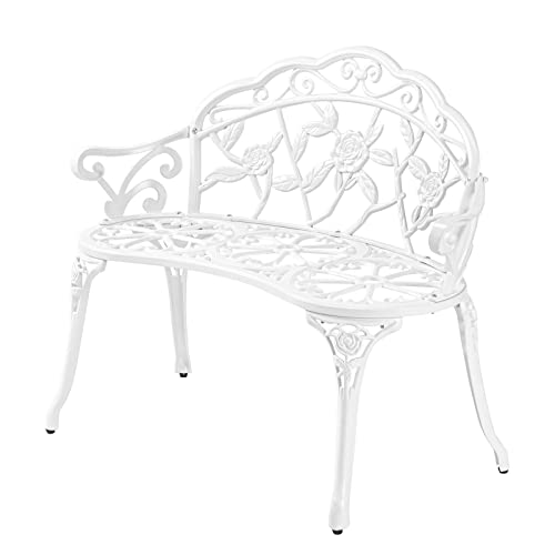 VINGLI 38.5" Patio Park Garden Outdoor Metal Rose Bench, 2-Person Cast Iron Cast Aluminium Frame Antique Finish Chair,Accented Lawn Front Porch Path Yard Decor Deck Furniture (White, Rose)