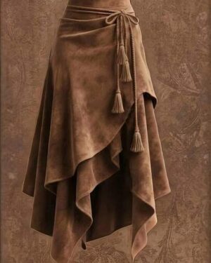 Vintage Western Style Asymmetrical Mid-Length Skirt With Waist Tie And Tassel Decor, Solid Color Casual Criss-Cross Spring Brown, Boho Chic