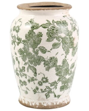 Vintage Ceramic Vase – Green Floral Chinoiserie Design, Rustic Large Vase for Flowers, Tuscan & Farmhouse Decor, 7.8 Inch Handcrafted Vase for Living Room, Office, or Shelf