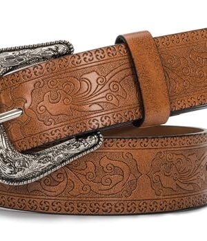 Vintage Western-Cowboy-Belt for Women Men - Carved PU Leather Waist Belts