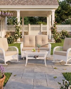 VIVIJASON 4-Piece Outdoor Patio White Wicker Conversation Sets, All Weather Outdoor Rattan Furniture Set Includes Glider Loveseat, Coffee Table, 2 Rocking Chairs with Cushions for Backyard, Beige