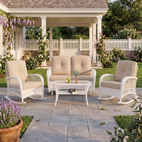 VIVIJASON 4-Piece Outdoor Patio White Wicker Conversation Sets, All Weather Outdoor Rattan Furniture Set Includes Glider Loveseat, Coffee Table, 2 Rocking Chairs with Cushions for Backyard, Beige