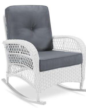 VIVIJASON Outdoor Wicker Rocking Chair, Patio Rattan Rocker Chair with Cushions & Steel Frame, All-Weather Rocking Lawn Rattan Furniture for Garden Backyard Porch (White Wicker/Grey)