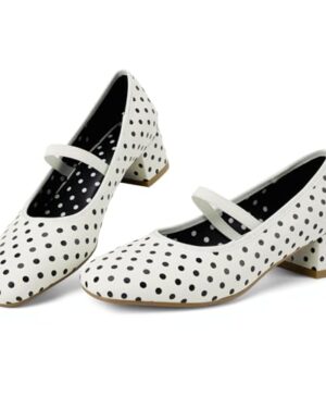 VOZTOLLS Women's Mary Jane Chunky Low Heels Square Toes Pumps,Polka Dot,10