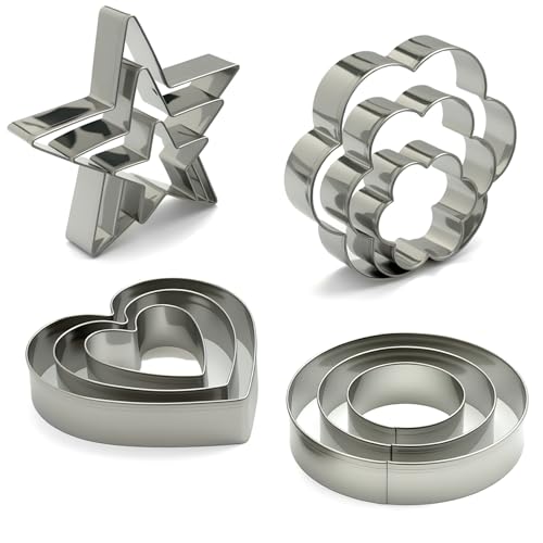 VTUGP Metal Cookie Cutters Set of 12 - Heart, Flower, Round, Star Shapes