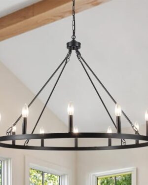Wagon Wheel Chandelier 12 Light 38" Large Black Farmhouse Chandelier for Dining Room Rustic Country Pendant Light Fixtures Hanging Modern Round Chandeliers for Living Room High Ceilings Foyer Entryway