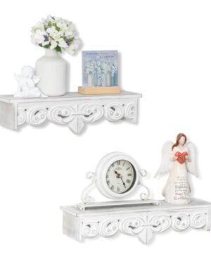 Walasis Whitewashed Floating Wall Shelves: Wood Carved Corbel Details