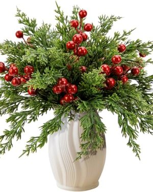 Watayo 45 Pcs Christmas Artificial Pine Branches with Red Berry Stems, 10.5" Faux Evergreen Norfolk Pine Cypress Leaves Stems, Fake Foliage Pine Needles Picks for DIY Craft Garland Home Decor