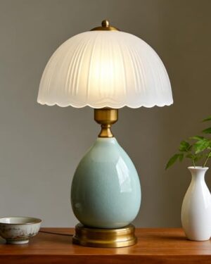 WELAISA Ceramic Retro Table Lamp, Vintage, 15", Chinoiserie Green Glass