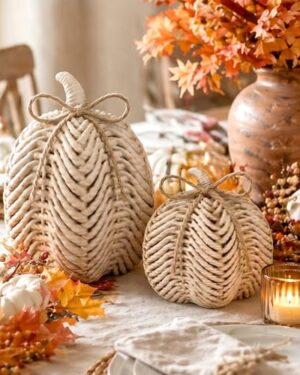 Wenqik Fall Pumpkin Decor Set of 2, Resin Thanksgiving Fake Pumpkin Figurines Imitation Rattan White Decorative Pumpkins Farmhouse Centerpiece for Autumn Thanksgiving Harvest Tabletop and Home Decor