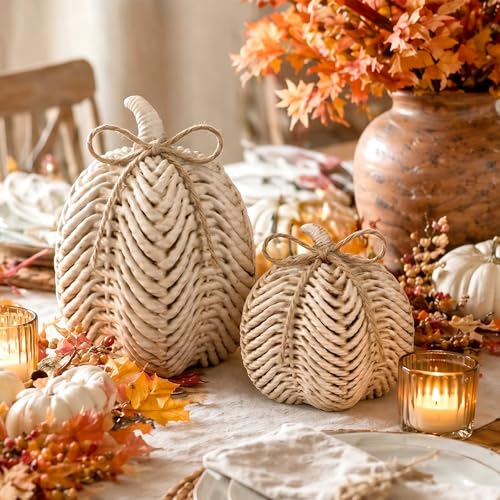 Wenqik Fall Pumpkin Decor Set of 2, Resin Thanksgiving Fake Pumpkin Figurines Imitation Rattan White Decorative Pumpkins Farmhouse Centerpiece for Autumn Thanksgiving Harvest Tabletop and Home Decor