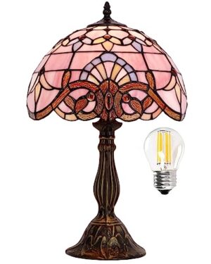 WERFACTORY Tiffany Lamp Bedside Pink Stained Glass Table Lamp 18 Inch Tall