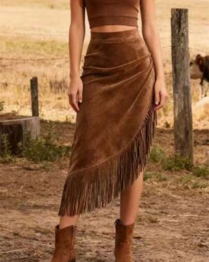 SHEIN | Western Cowboy Style Midi Skirt High Rise Wrap Over Design, Diagonal Asymmetric Hem With Long Fringe Trim