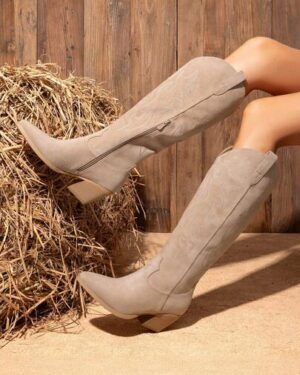 Western Vintage Cowgirl Tall Boots For Women, Pointed Toe Chunky Block Heel Suede Knee High Cowboy Boots With Embroidered