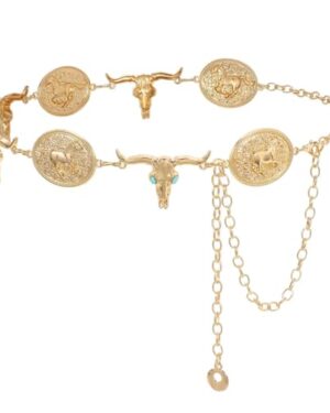 WHIPPY Western Metal Concho Belt for Women Vintage Cowgirl Boho Turquoise Chain Belts for Dresses Jeans, Gold, Bull Head Chain, Fit Waist Size Below 36 Inches