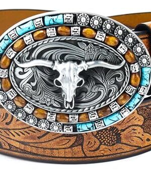 Women-Western-Cowboy-Leather-Belts Turquoise Oval Buckle Embossed Belts