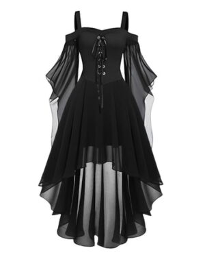 Women Off Shoulder Spaghetti Strap Irregular Hem Dress Chiffon Gothic Medieval Style Lace Up Bodice Layered Skirt Butterfly Sleeve Design