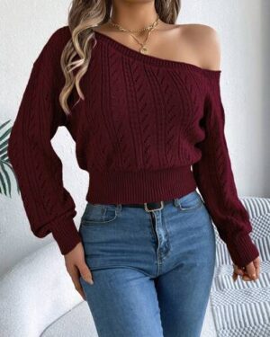 Women's Autumn/Winter Asymmetrical Shoulder Cut-Out Long Sleeve Cropped Knit Sweater, Casual Sexy Fashion Solid Color Top