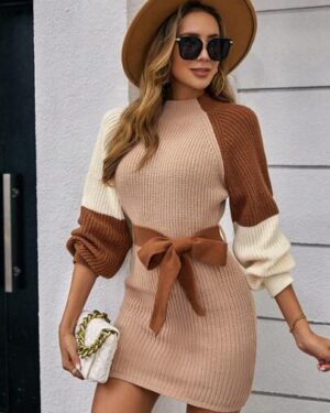 Women's Bowknot Waist Belt Contrast Color Raglan Sleeve Sweater Dress