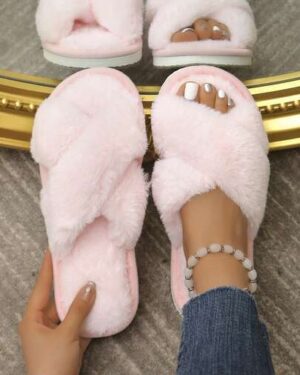 Women's Cross-Band Furry Slippers, Soft And Cozy House Slippers, Warm And Comfortable Open Toe Plush Indoor/Outdoor Shoes Breathable Pink Slippers