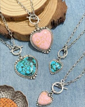Women's European And American Bohemian Style OT Clasp Heart-Shaped Turquoise Pendant Necklace, Suitable For Daily Wear, Dating, And Theme Parties, You Will Receive Many...
