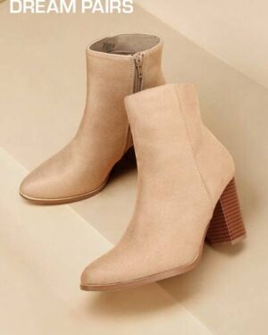 Women's Fashionable Sand Suede High Chunky Block Heel Ankle Booties Side Zipper Almond Toe Short Bootie Pumps