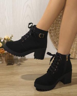 Women's Korean Style Round Toe Chunky Heel Ankle Boots With Buckle Lace-Up Thick Sole All-Season Versatile