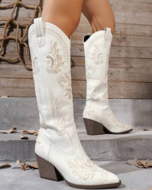 Women's New Pointed Toe Chunky Heel Flower Embroidery And Boot Length Western Boots, Ideal With Sweater Cowgirl Boots, Cowboy Boots, Coachella