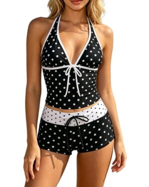 Womens Bikini Set Vintage Polka Dot Halter Tie Tankini Two Piece Swimsuit with Elastic Waist Drawstring Boyshort Black L