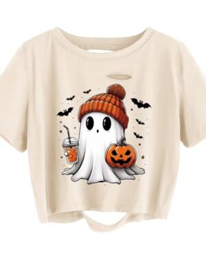 Women's Halloween Ghost Distressed Crop T-Shirt Fall Funny Pumpkin Graphic Tee Family Party Matching Tops(M,05-biege2-ghost )