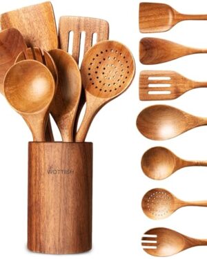Wooden Spoons for Cooking - 8-Piece Wooden Kitchen Utensil Set made of Natural Solid Wood Material-Includes Spoons,Spatulas,Ladles,Mixing Spoon and Utensil Holder,Valentine's Day Gifts