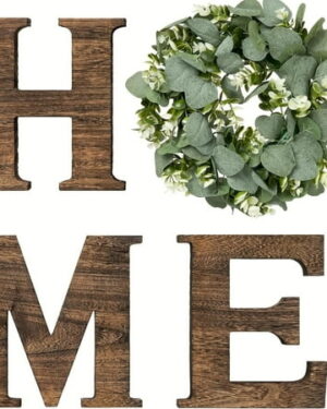 Wood Home Sign with Artificial Eucalyptus Wreath for O, Hanging Farmhouse Wall House Decor Wood Home Letters for Wall Art Rustic Home Decor, Home Wall Decor for Living Room Kitchen Entryway