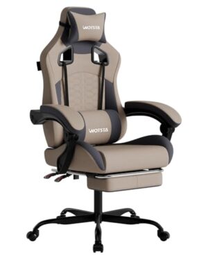 WOTSTA Gaming Chair with Massage,Ergonomic PC Gaming Chair with Footrest Comfortable Headrest and Lumbar Support, High Back, 300LBS (Grey)
