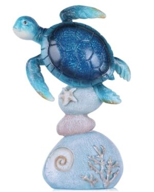 XMGZQ Sea Turtle Resin Figurine, Coastal Zen Cairn Sculpture with Stacked Stones & Coral, Nautical Blue Decor for Home Living Room Bathroom Shelf, Beach House Mantel Office Desk Accents (Small)